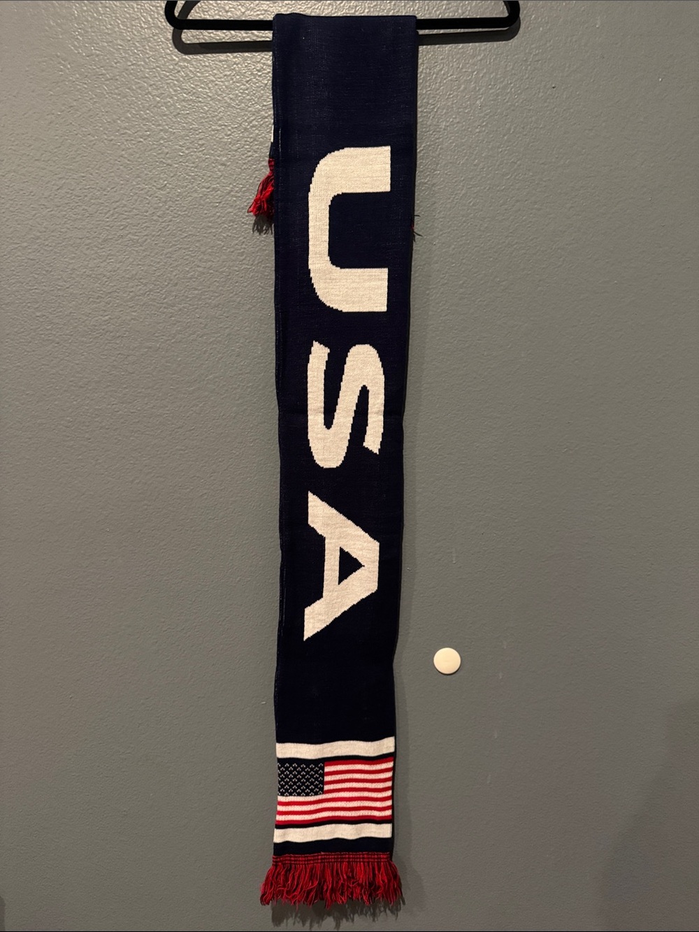 USA Knit Scarf with Flag Accent - Navy, White & Red